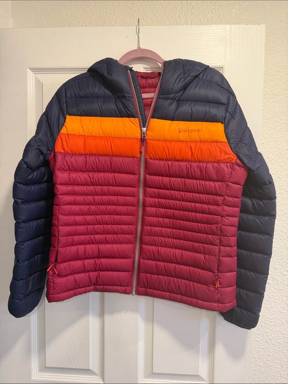 cotopaxi Colorblock Hooded Puffer Jacket - Navy, Orange & Burgundy
